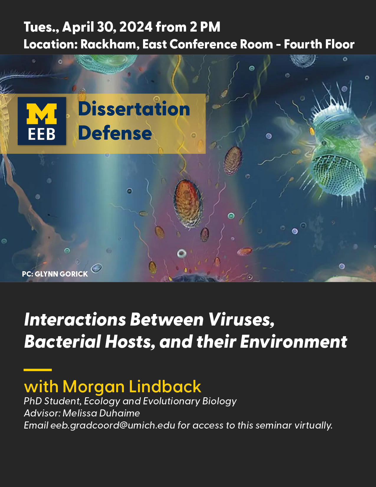 Event flyer with event details and a dramatic image of microbes in the water.
